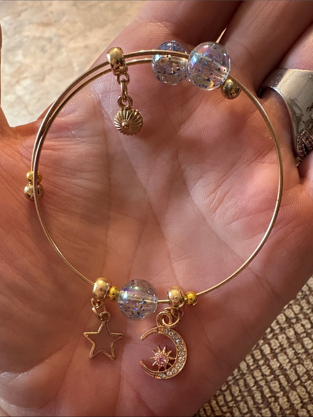 Stunning Gold-Tone Moon & Star Charm Bangle with Iridescent Beads - Women